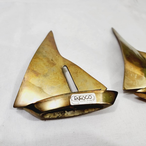 Vintage Enesco Mid-Century Modern Brass Sailboat Sculptures Paper Weights 1960s - Picture 8 of 15